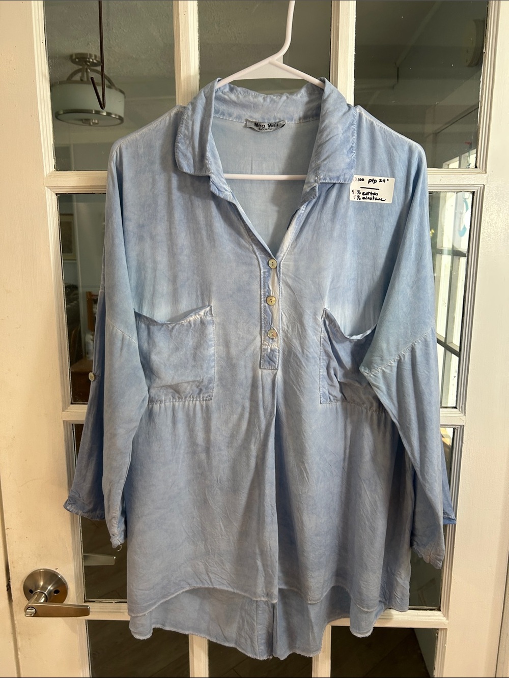 O100.   Light Blue Relaxed Linen Blend Button-Front Tunic Top